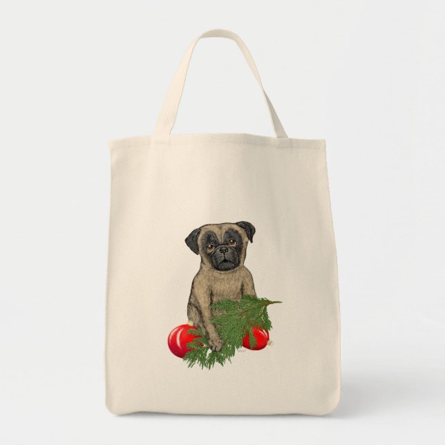 Bolso De Tela Navidades adorables pug pipa arte perro (Frente)