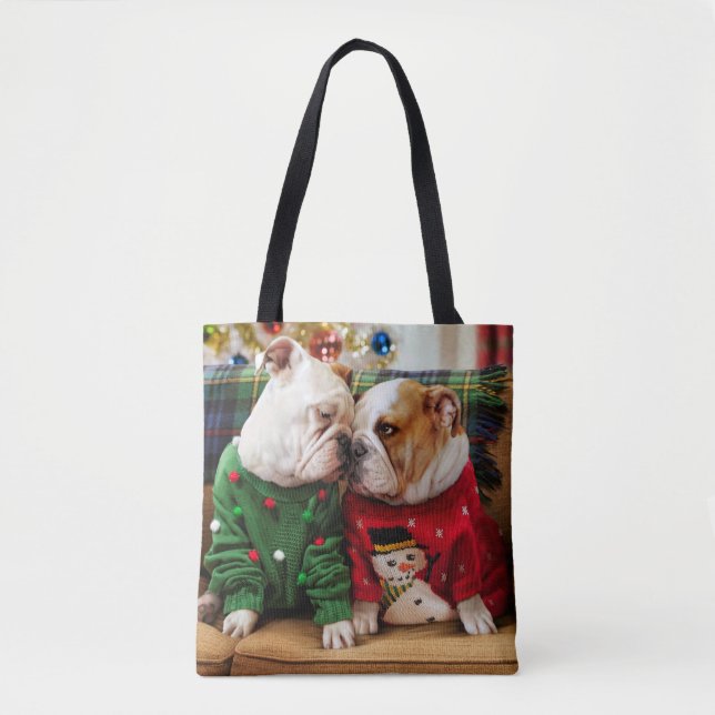 Bolso De Tela Navidades Bulldoges en suéter (Anverso)