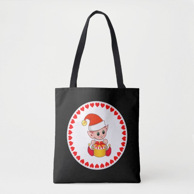 Bolso De Tela Navidades cortos elf rodeados de corazones negros (Anverso)