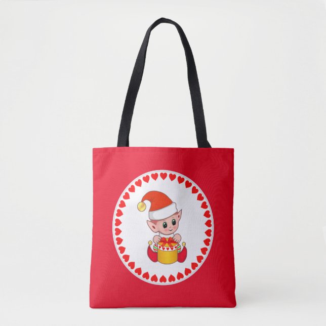 Bolso De Tela Navidades cortos elfos rodeados de corazones rojos (Anverso)