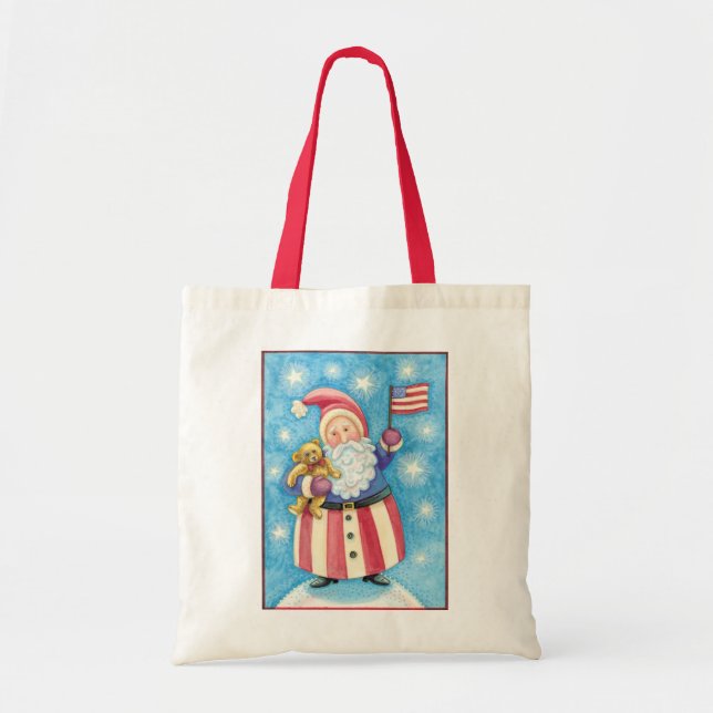 Bolso De Tela Navidades cortos, Papá Noel Patriótico con bandera (Frente)