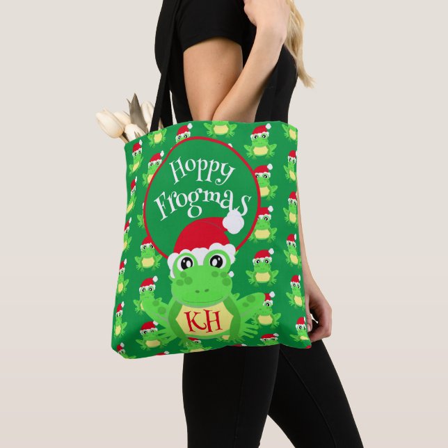 Bolso De Tela Navidades Cute Rana Santa Hat Novedad Verde (Detalle)