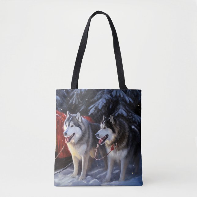 Bolso De Tela Navidades de Alaskan Malamute Snowy Sleigh Ride (Anverso)
