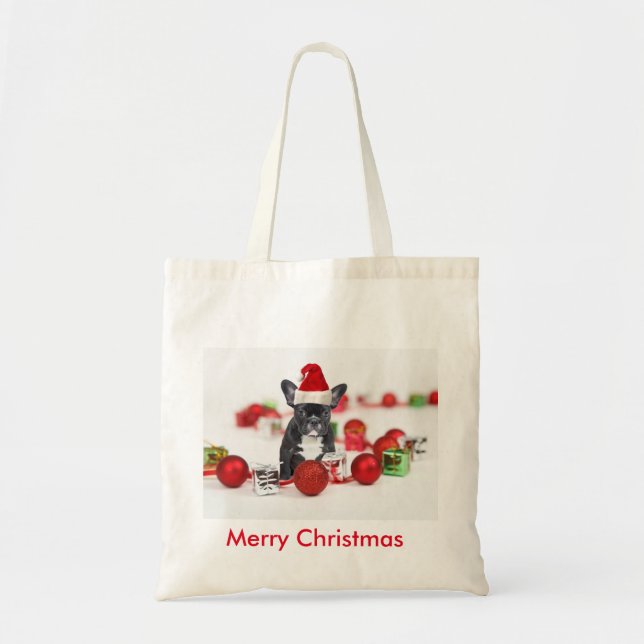 Bolso De Tela Navidades de Bulldog franceses Tote Bag 100% Algod (Frente)