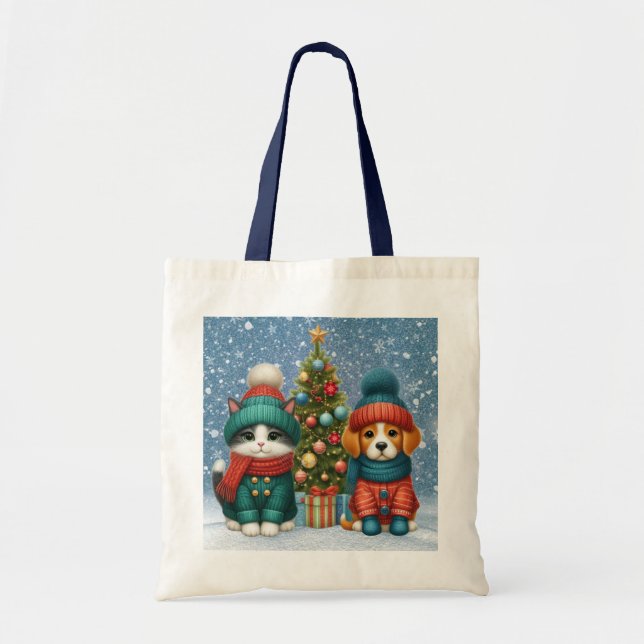 Bolso De Tela Navidades de cachorro y gatito (Frente)
