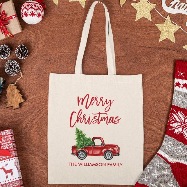 Bolso De Tela Navidades de Camiones Rojos con guión de pincel ro (Customize to add more text.)