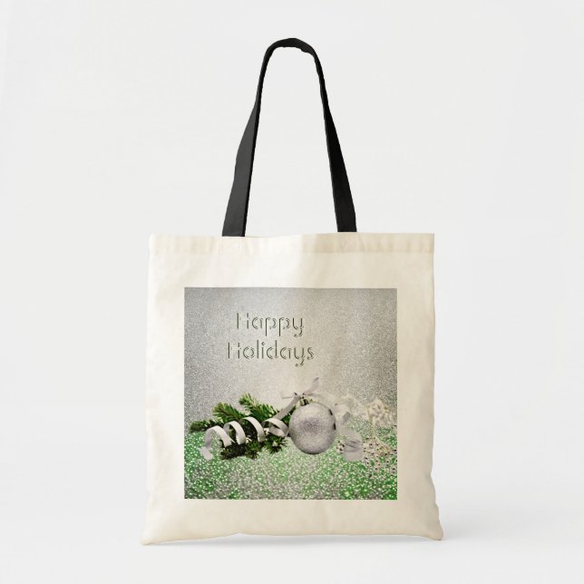 Bolso De Tela Navidades de cinta blanca con ornamento plateado T (Frente)