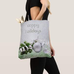 Bolso De Tela Navidades de cinta blanca con ornamento plateado T
