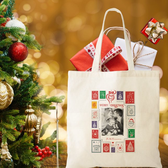 Bolso De Tela Navidades de estampado retro caprichoso regalo de  (Whimsical Retro Stamp Christmas Photo Holiday Season Stocking Stuffer Gift Tote Bag)