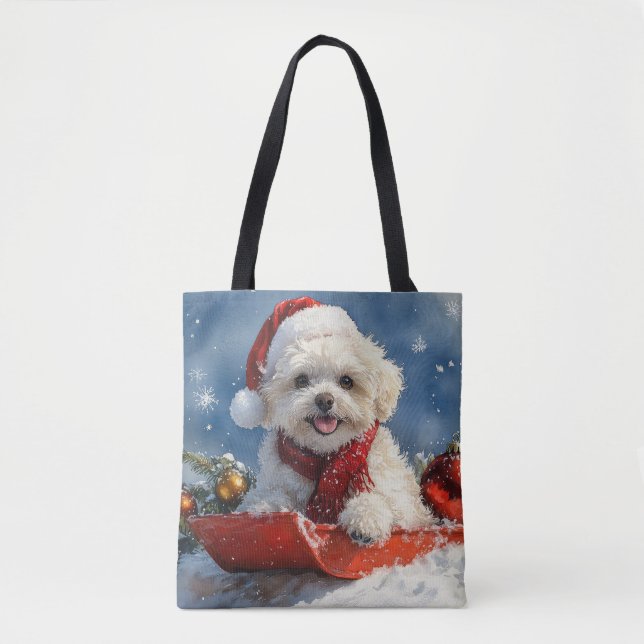 Bolso De Tela Navidades de la niebla de Bichon Frise Dog en Sled (Anverso)
