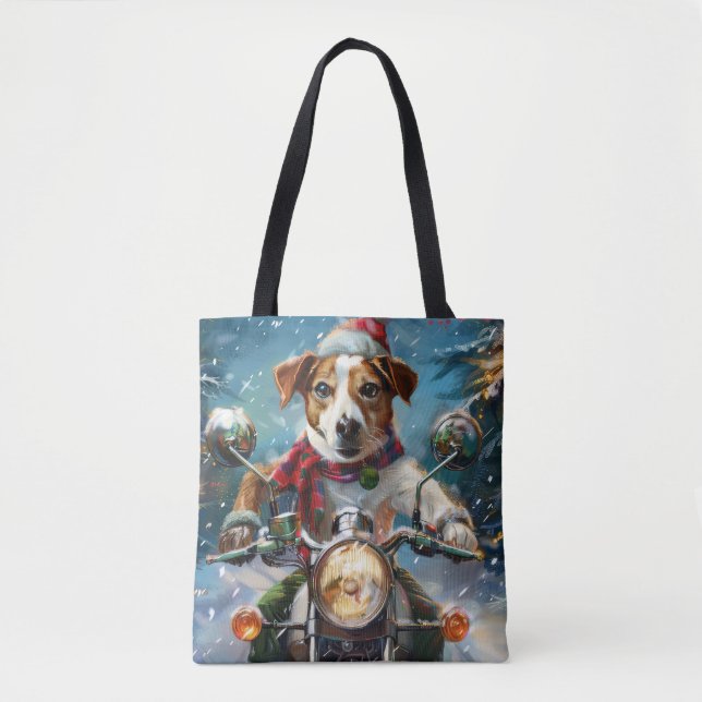 Bolso De Tela Navidades de moto de Jack Russell Dog Riding (Anverso)