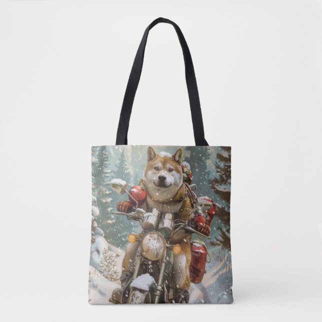 Bolso De Tela Navidades de motocicletas Akita Dog Riding (Anverso)