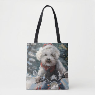 Bolso De Tela Navidades de motocicletas Bichon Frise Dog Riding