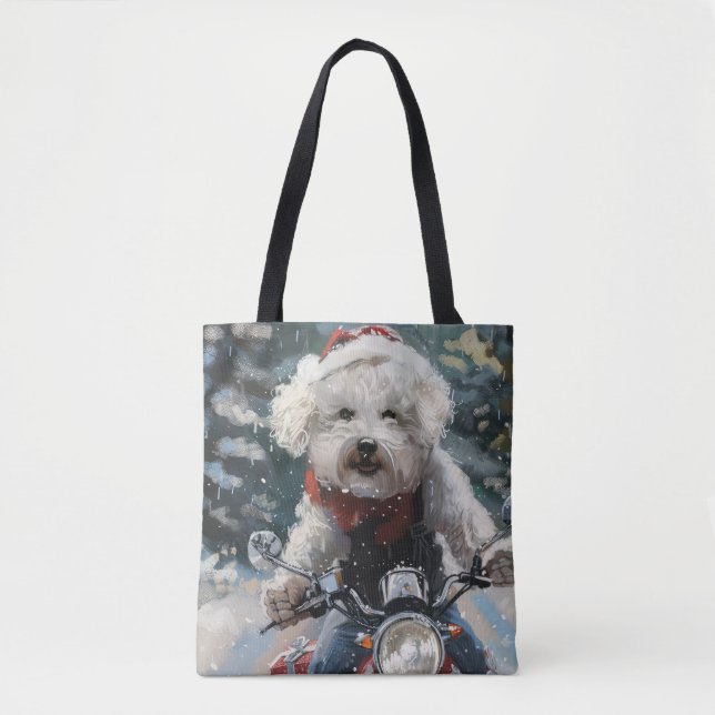 Bolso De Tela Navidades de motocicletas Bichon Frise Dog Riding (Anverso)