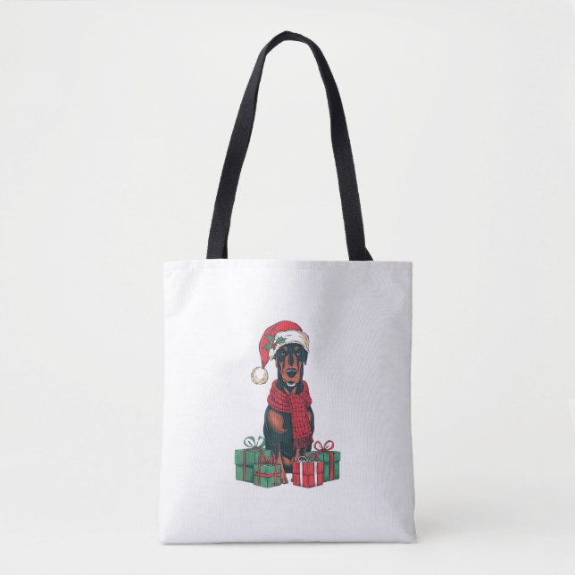 Bolso De Tela Navidades de Perro Doberman de Santa Hat Lughting (Anverso)