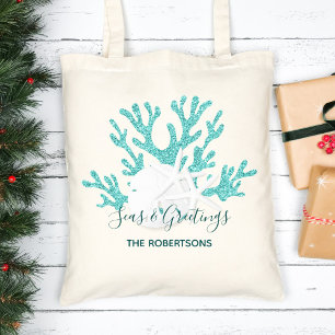 Bolso De Tela Navidades de playa Sand Dollar Starfish Aqua Blue