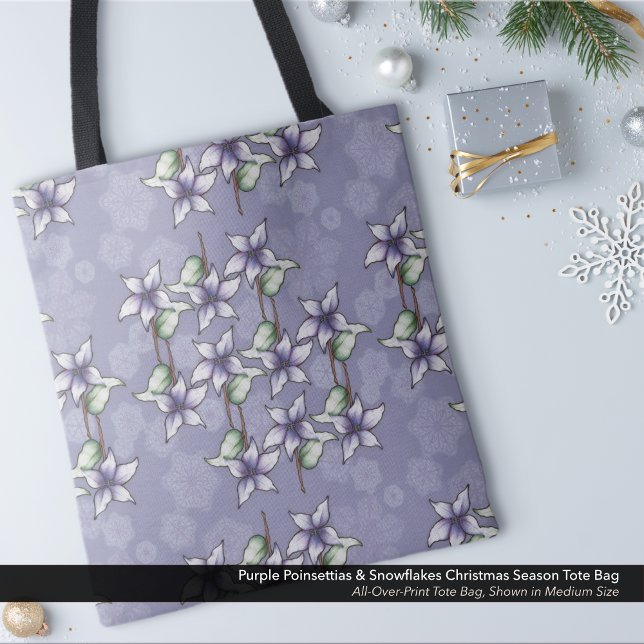 Bolso De Tela Navidades de Poinsettias Púrpura y Copos de Nieve  (Purple Poinsettias & Snowflakes Tote Bag for Christmas and the Winter Season.)