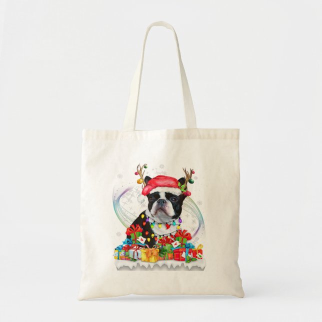 Bolso De Tela Navidades de renos de Boston Terrier Santa Hat (Frente)