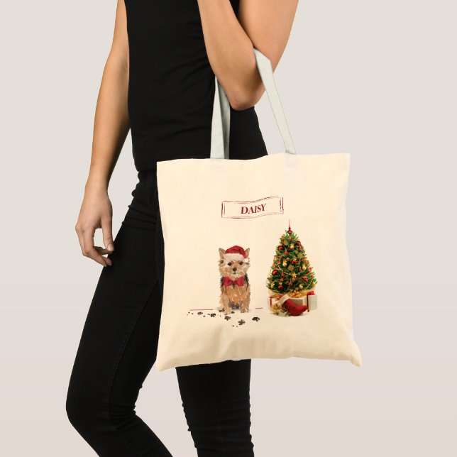 Bolso De Tela Navidades divertidos de Norfolk Terrier con árbol (Anverso (producto))