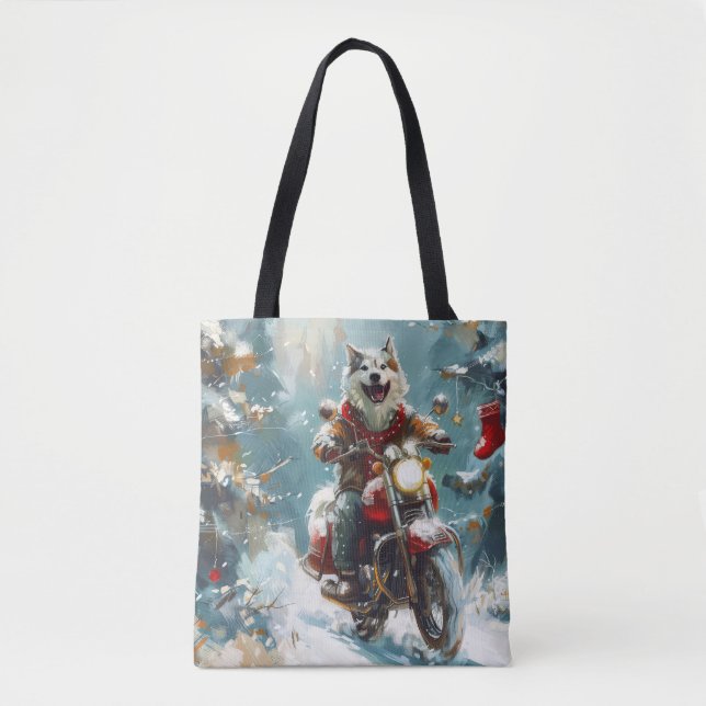 Bolso De Tela Navidades en motocicleta de Alaska Malamute (Anverso)