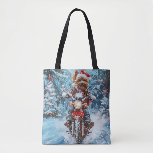 Bolso De Tela Navidades en motocicleta de Biewer Terrier Dog Rid (Anverso)