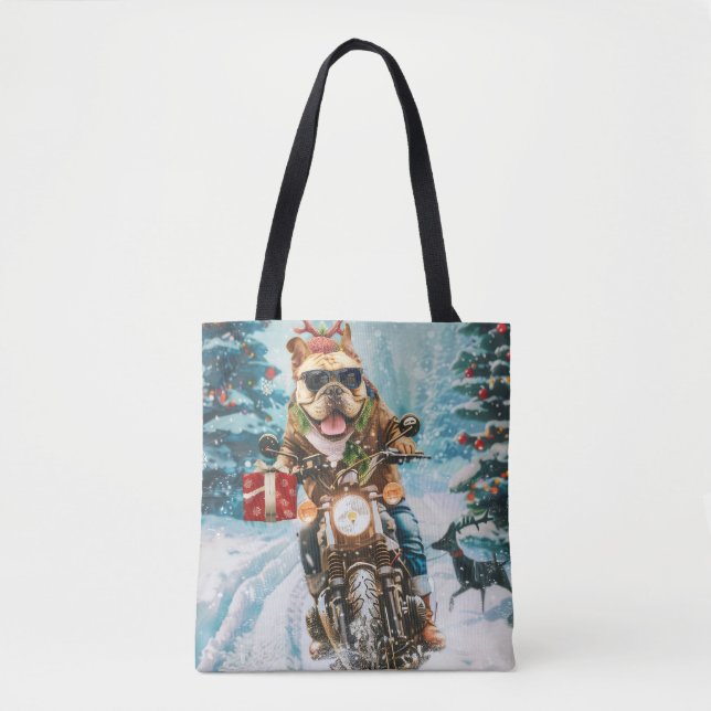 Bolso De Tela Navidades en motocicleta de bulldog (Anverso)
