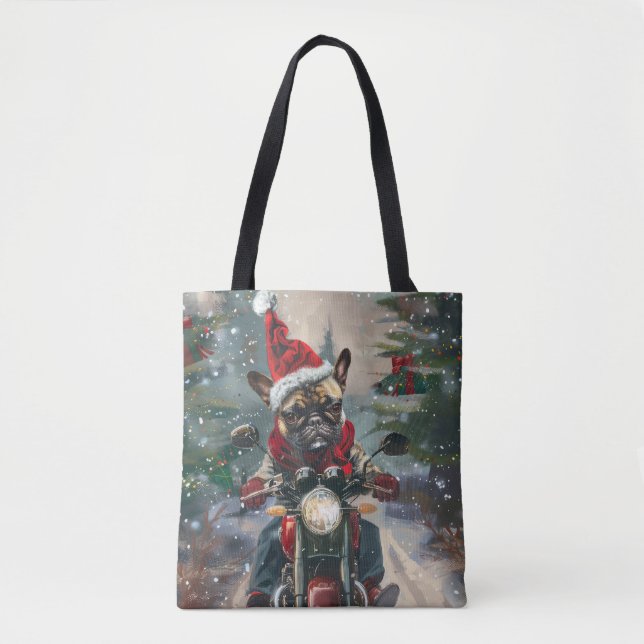 Bolso De Tela Navidades en motocicleta de Bulldog francés (Anverso)