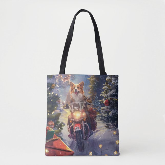 Bolso De Tela Navidades en motocicleta de Corgi Dog Riding (Anverso)