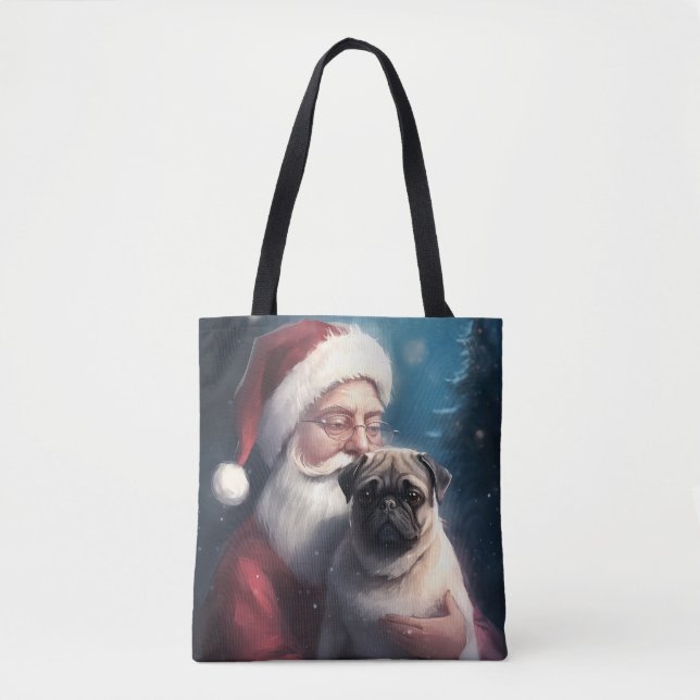 Bolso De Tela Navidades festivos de Pug con Santa Claus (Anverso)