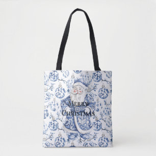 Bolso De Tela Navidades Florales de Moda Blanca Azul Santa y Orn