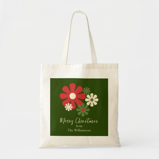 Bolso De Tela Navidades florales retro Flores Nombre verde rojo (Frente)