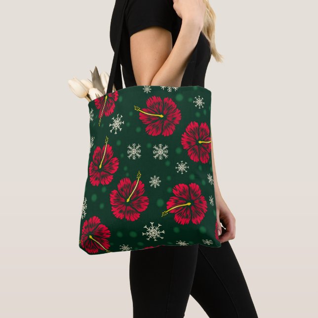 Bolso De Tela Navidades Florales Tropicales Hibiscus Snowflakes  (Detalle)