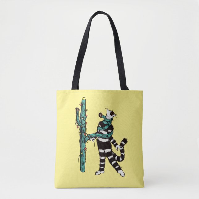Bolso De Tela Navidades Gato Y Cactus Xmas Extraños (Anverso)