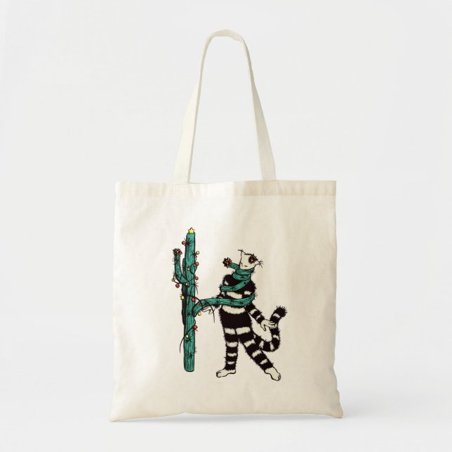 Bolso De Tela Navidades Gato Y Cactus Xmas Extraños (Frente)