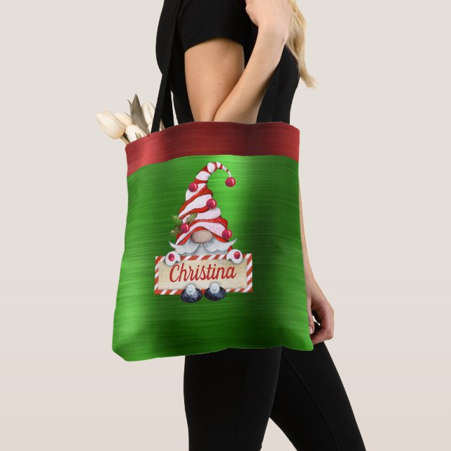 Bolso De Tela Navidades Gnome Red Striped Gorra Metálico Verde (Detalle)