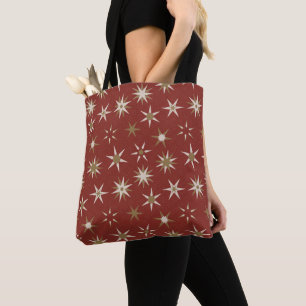 Bolso De Tela Navidades Gold Geo Stars - con un patrón rojo.