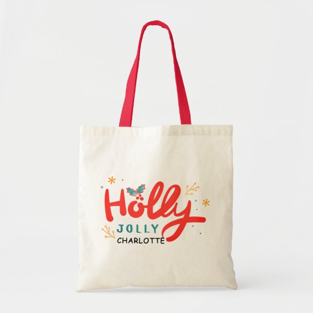 Bolso De Tela Navidades Holly Jolly Fun Winter Nombre personaliz (Frente)