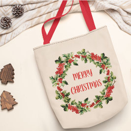 Bolso De Tela Navidades Holly Leaves & Berries Feliz Navidad