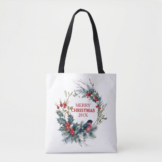 Bolso De Tela Navidades holly y bullfinch wreath (Anverso)