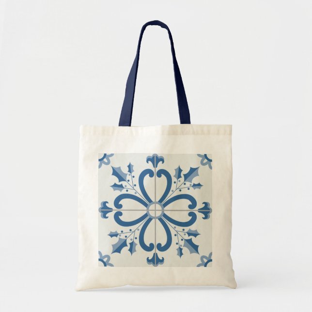 Bolso De Tela Navidades holly y flores pétalos azules (Frente)