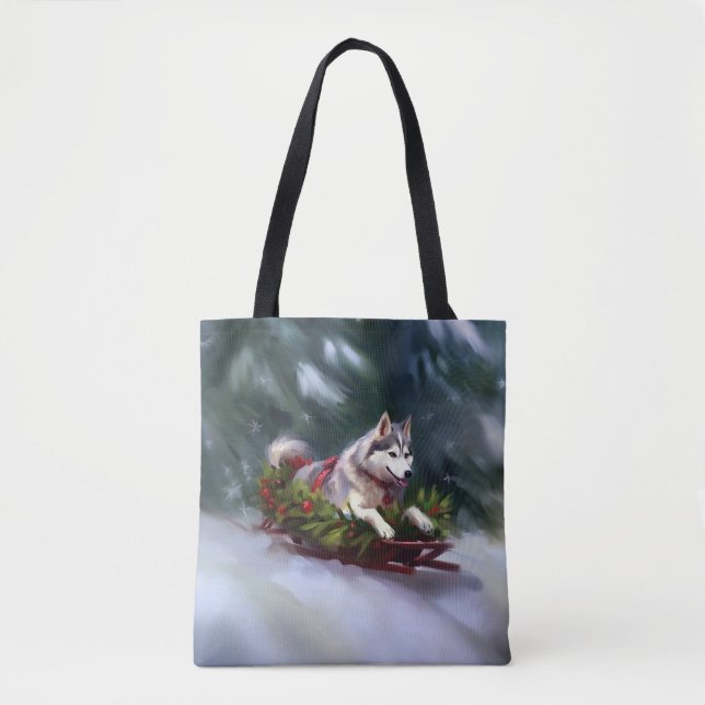 Bolso De Tela Navidades Husky siberianos nevan el invierno (Anverso)