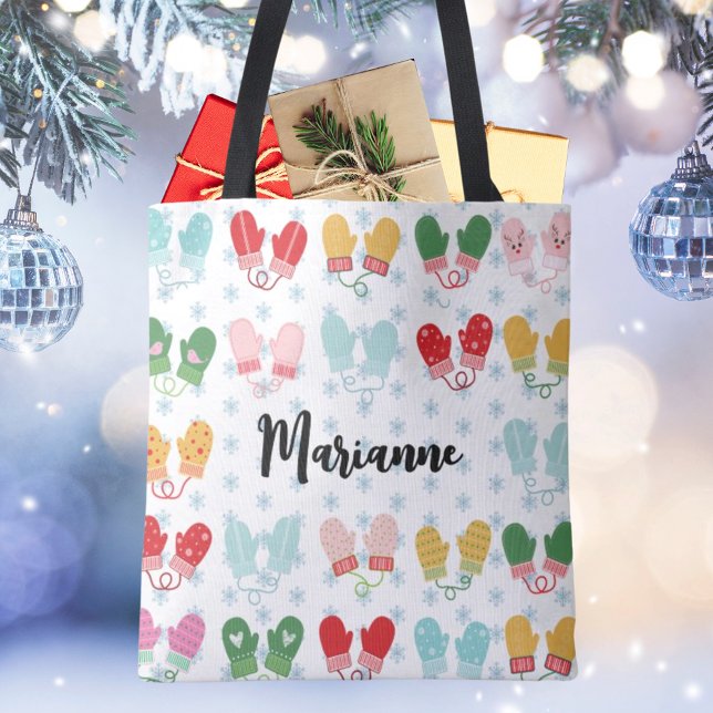 Bolso De Tela Navidades Mittens Snowflakes Script Name Stylish (Subido por el creador)