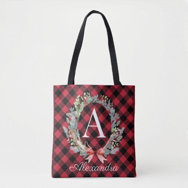 Bolso De Tela Navidades Monogramas de Buffalo Rojo y Negro (Anverso)