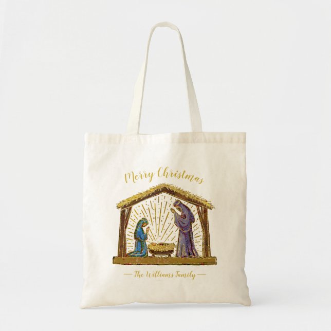 Bolso De Tela Navidades Nativity Manger Gold Family Nombre (Frente)