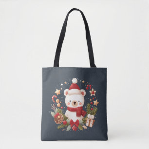 Bolso De Tela Navidades/oso de invierno en corona de flores