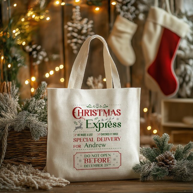 Bolso De Tela Navidades personalizados de vacaciones Express Tot (Holiday Personalized Christmas Express Tote Bag)