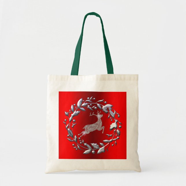 Bolso De Tela Navidades plateados guerreros y renos (Frente)