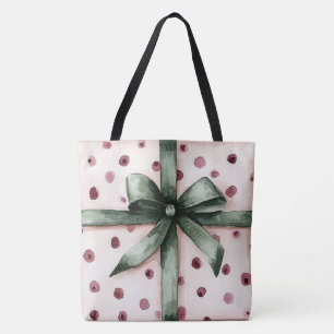 Bolso De Tela Navidades puntos rosados Cinta verde y reverso