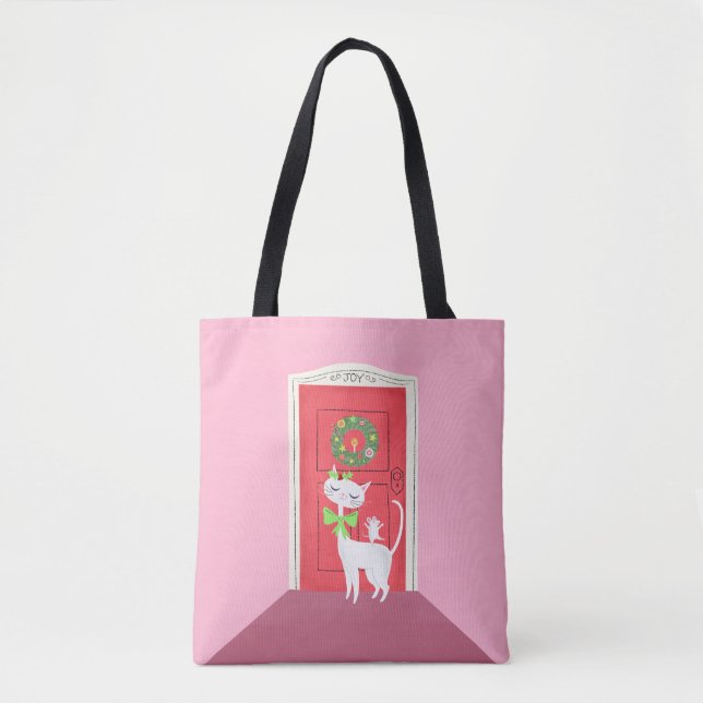Bolso De Tela Navidades retro gato blanco y rosa del ratón (Anverso)