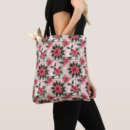 Bolso De Tela Navidades Retro Rosado Plaid Floral Feliz Navidad